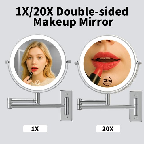 LANSI 1X/20X Wall Mounted Makeup Mirror with Lights, 8" Double Sided Bathroom Magnifying Mirror with 360° Extension Arm, Dimmable, Rechargeable, Touch Control, Chrome