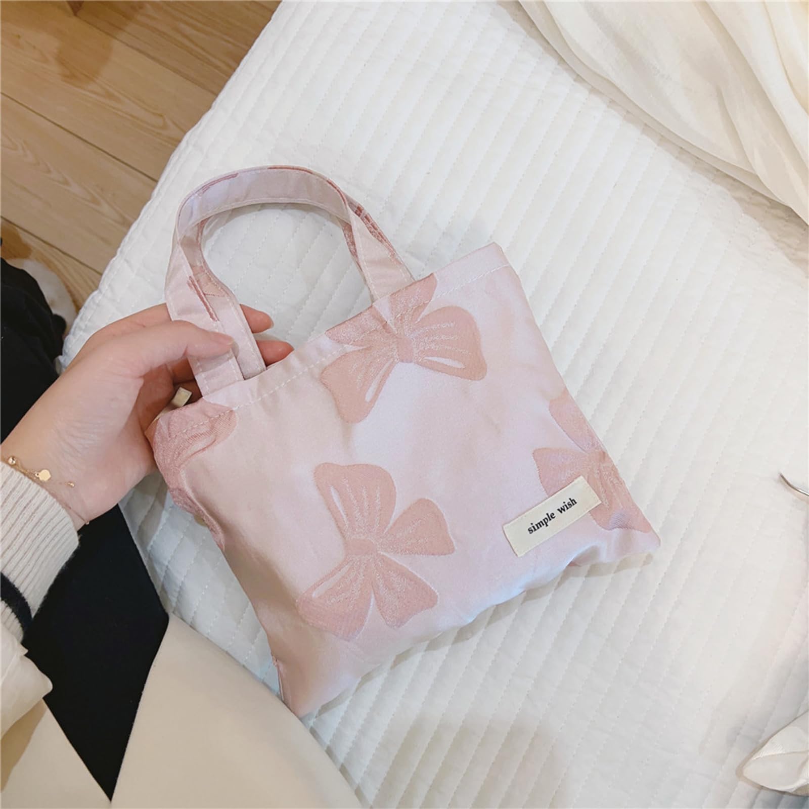 Wudygirl Bow Makeup Bag Travel Cosmetic Bag for Women Small Makeup Pouch with Handle Zipper Cosmetic Pouch Handbag Aesthetic (Pink Bow)