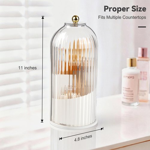 Hvygss 360° Rotating Makeup Brush Holder with Lid, Waterproof Three-Compartment Makeup Organizer, 180° Side-Pull Door Desk Organizer, Dustproof Brush Holder for Vanity and Bathroom (Clear White)