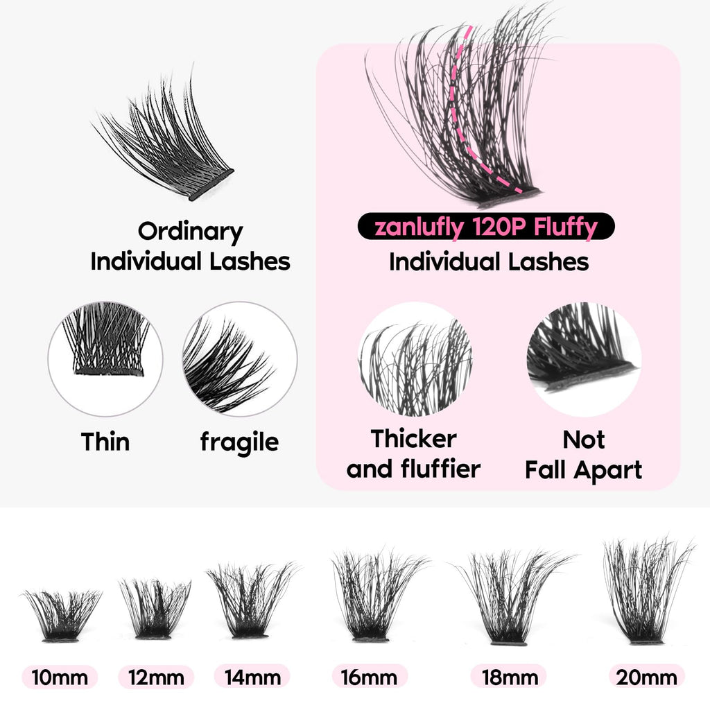 Volume Lashes Extension Kit 20MM Mink Lashes Clusters 120D Thick Individual Lashes with Lash Bond and Seal and Applicator Thick Eyelashes Extension Kit by zanlufly