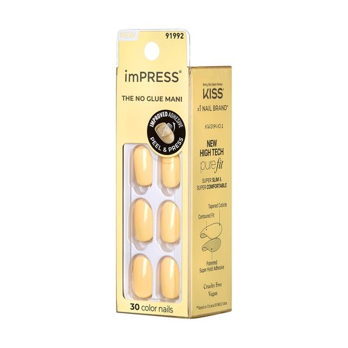 KISS Impress Press-On Manicure Fake Nails, Lemon Zest - Short Length Butter Yellow, Round Shape, Polish-Free Solid Color Mani, Includes Prep Pad, Mini File, Manicure Stick, and 30 Fake Nails
