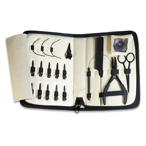 Hooper Hair Extension Tools Kit: 3-Hole Plier, Comb, C-Shape Needles, Loop Tool, Scissors, Sectioning Ring, Clips, Silicone Micro Rings, Leather Zipper Case, Stainless Steel Tools (Black)