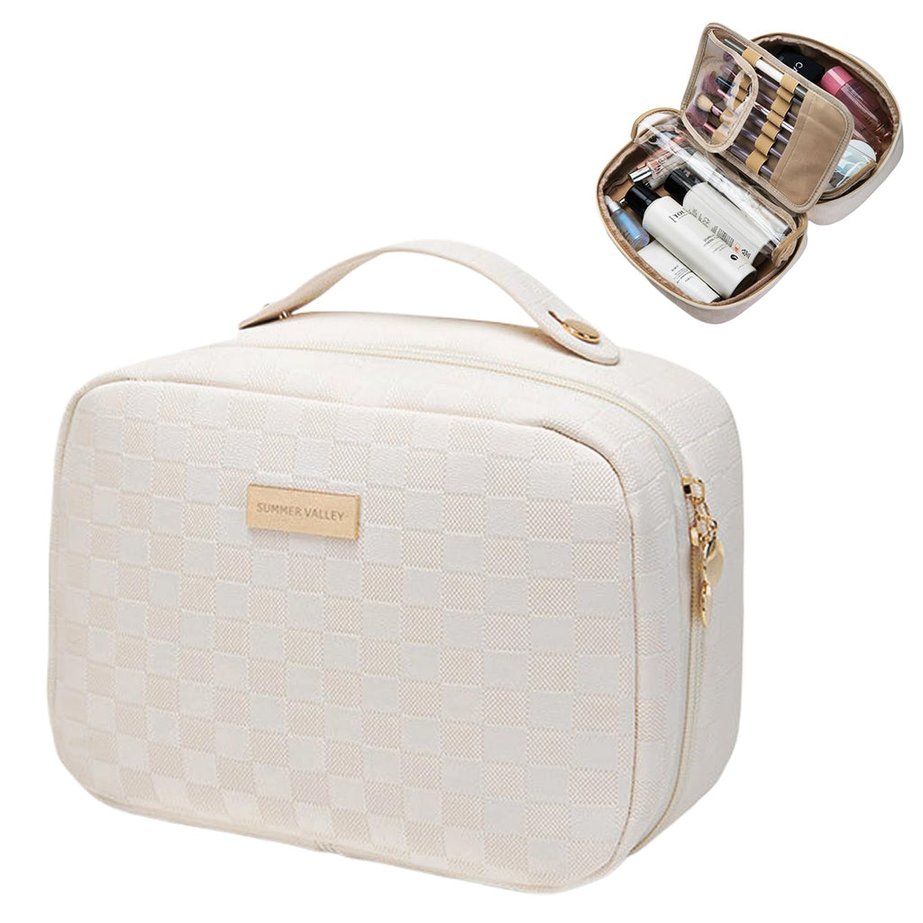 YDR Toiletry Bag with Brush Holder,Travel Makeup Bag Large Capacity Cosmetic Bag Organizer for Women Waterproof Checkered Multi-Compartment Makeup Case