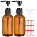 Fumete 2 Pack Glass Bottles 4oz Empty Refillable Liquid Containers with 1 Label 1 Funnel for Essential Oils Hair Travel Plants Cleaning Skin Care(Amber, Black Top,Pump Bottle)