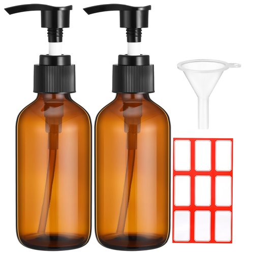 Fumete 2 Pack Glass Bottles 4oz Empty Refillable Liquid Containers with 1 Label 1 Funnel for Essential Oils Hair Travel Plants Cleaning Skin Care(Amber, Black Top,Pump Bottle)
