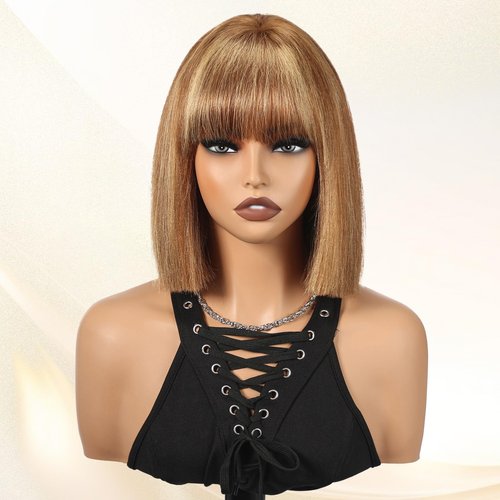 ELLORS 10 Inch Highlight Ombre Bob Wig Human Hair With Bangs Glueless 2x1 HD Lace Wigs, Short Wigs For Women Yaki Straight
