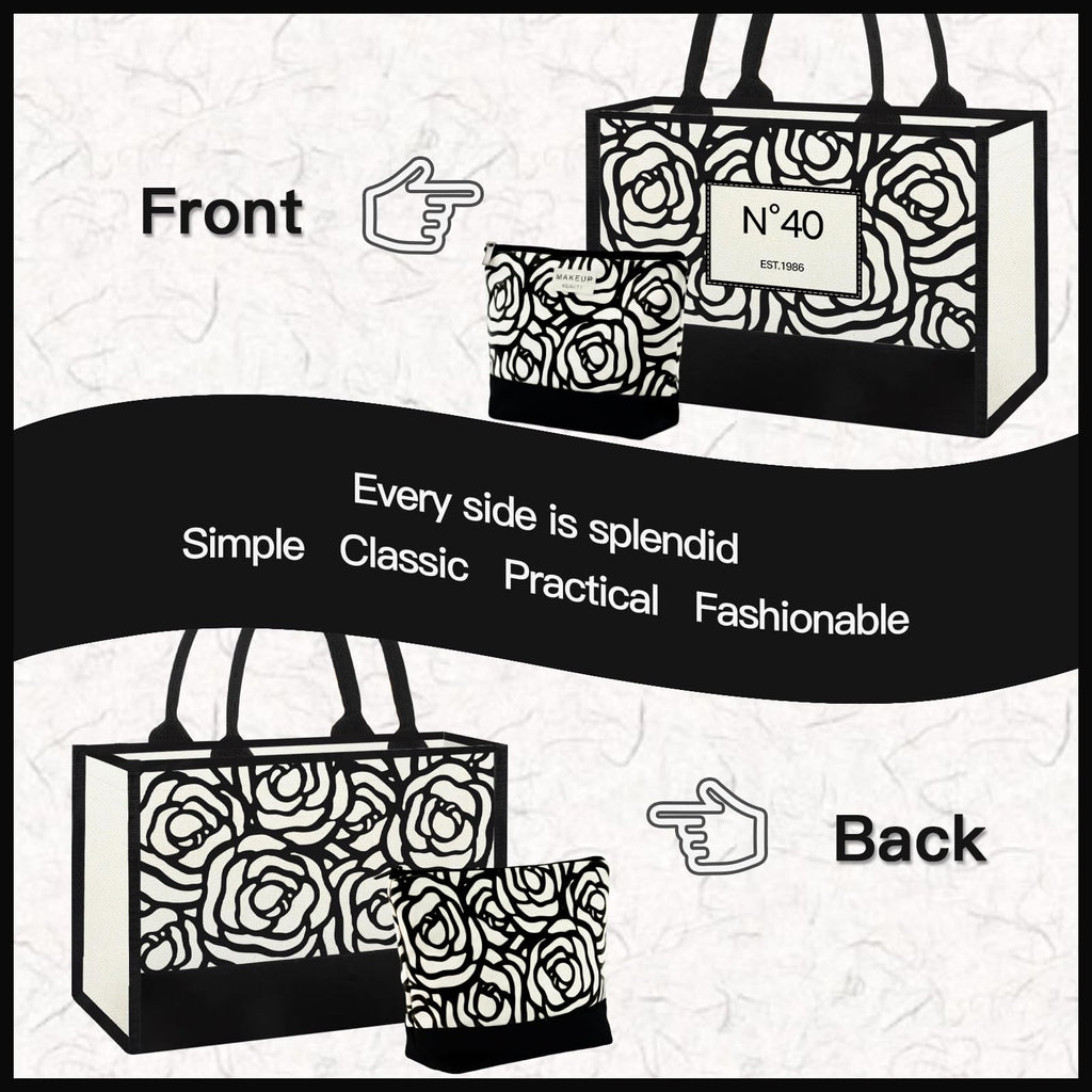 Vintacicle 40th Birthday Gifts for Women Her - Elegant Floral Canvas Tote Bag with Stylish Makeup Bag (40th)