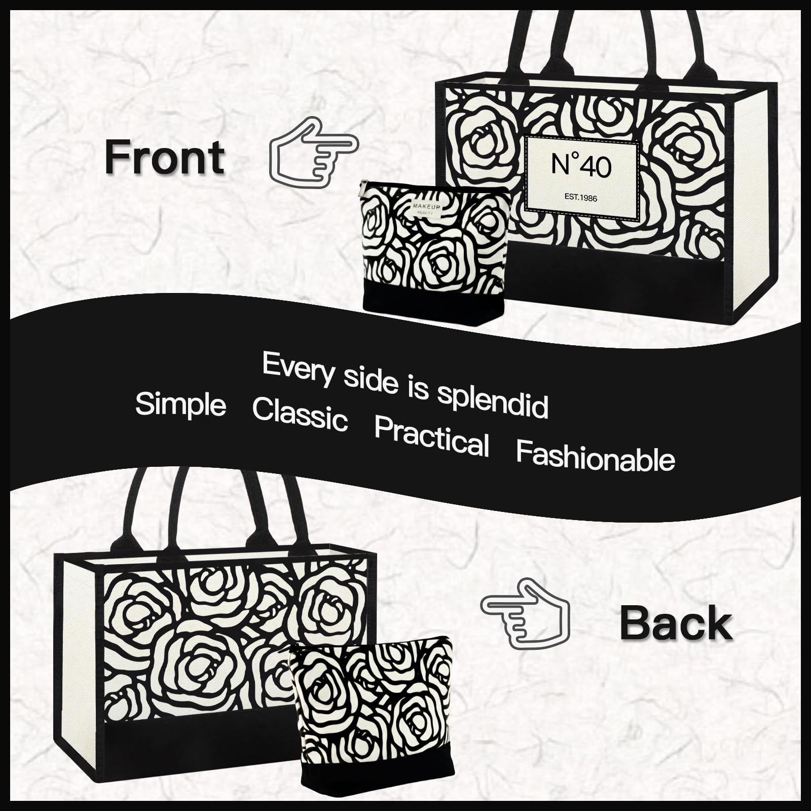 Vintacicle 40th Birthday Gifts for Women Her - Elegant Floral Canvas Tote Bag with Stylish Makeup Bag (40th)