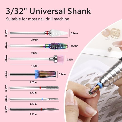 BQAN Nail Drill Bits Set, 7pcs Tungsten Carbide Diamond Drill Bits for Nail Tech, Remove Acrylic Gel Polish Cuticle, Manicure Pedicure Tools