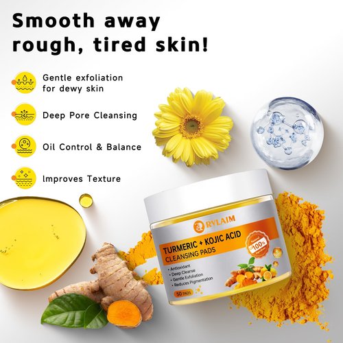 Turmeric Kojic Acid Cleansing Pads, 50 PCS Turmeric Pads for Face Dark Spots Cleansing & Exfoliation
