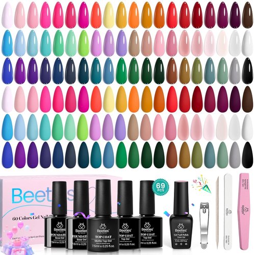 Beetles Gel Nail Polish Set - Emotional Spectrum 69PCS 60 Colors Gel Polish Kit Base Coat Glossy & Matte Top Coat UV Led Soak off Collection Brown Red Black Nude White Valentines Gifts for Women