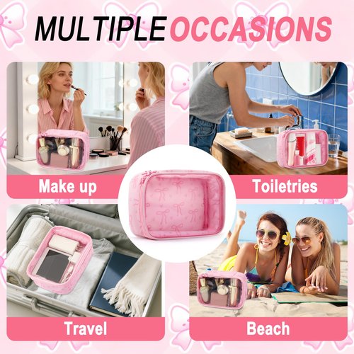 URSKYTOUS Clear Bow Makeup Bag for Women Preppy Pink Bow Cosmetic Bag with Zipper Cute Small Pencil Pouch Portable PVC Makeup Pouch for Purse Waterproof Toiletry Bags Cosmetics Storage Organizer