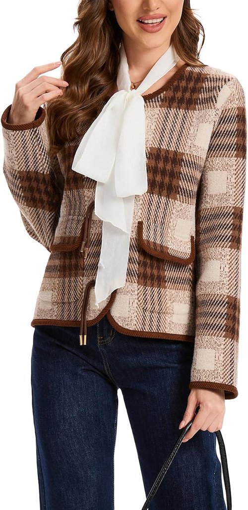 HOULENGS Women's Vintage Plaid Cardigan Sweater - Long Sleeve Knit Coat with Pockets for Fall Fashion