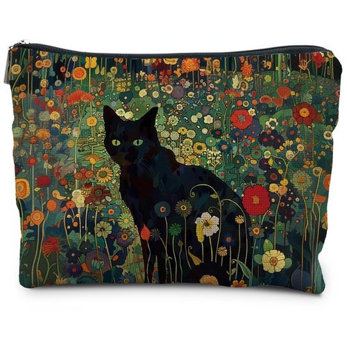 RYYCDOI Cat Gifts for Women Cat Lovers, Floral Black Cat Makeup Bags for Women Cosmetic Pouch