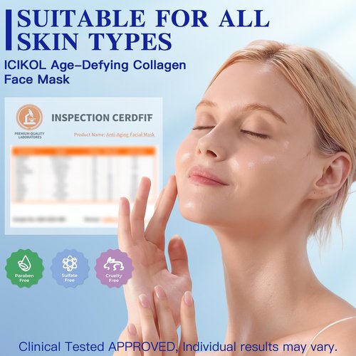 ICIKOL Deep Hydrolyzed Collagen Face Mask, 4 Pack - Age-Defying Sheet Mask with Peptides & Hyaluronic Acid, Restores Skin Elasticity & Firmness for Women