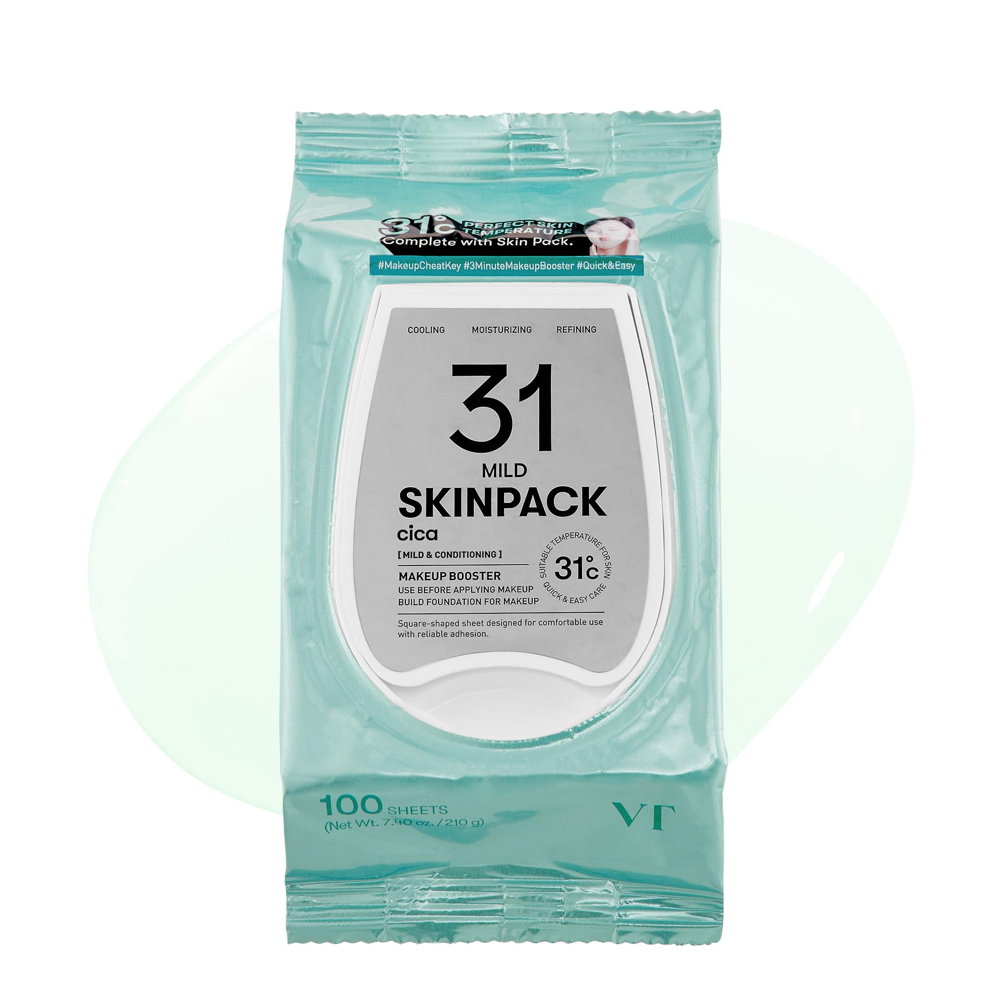 VT COSMETICS Mild Skin Pack (100 Sheets), Toner Pads with Centella Asiatica, Cooling & Hydrating, Gently Exfoliating, Calming & Soothing, Quick Makeup Prep, Korean Skincare (7.40 oz.)