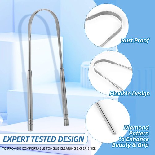 Aussumy 6 Pack Tongue Scrapers - Reusable & Easy to Clean Tongue Scrubber with Travel Case for Adults & Kids - Medical-Grade 100% Stainless Steel Tongue Cleaner for Fresh Breath & Oral Care