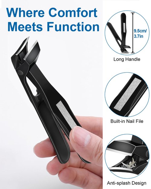 IDEEEPAN Toenail Clippers for Thick Toenails & Ingrown Nails, Slanted Curved Blade, Wide Mouth, Angled Head Toe Nail Clippers for Seniors with Long Handle & No Splash Catcher - Black