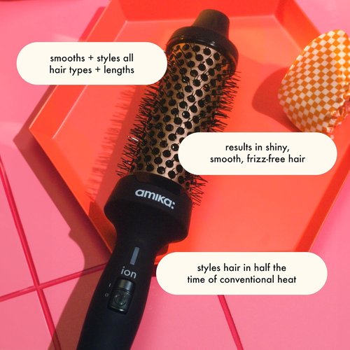 Amika Blowout Babe Thermal Ionic Hairbrush - 1.5" Round Hot Styling Brush for Smoothing & Volume, Tames Frizz & Adds Shine (Black)