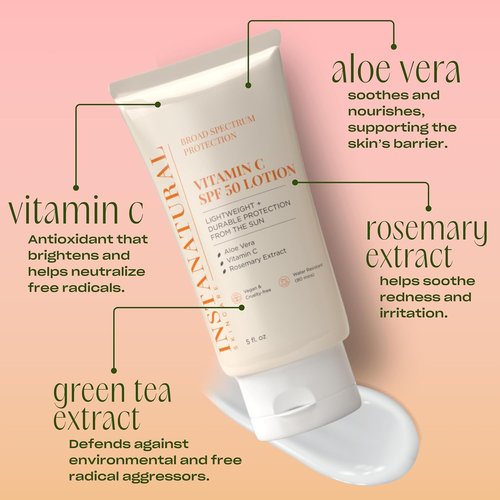 InstaNatural Vitamin C SPF 50 Sunscreen Lotion - Lightweight, Non-Greasy Moisturizer with Aloe Vera, 5 Fl Oz