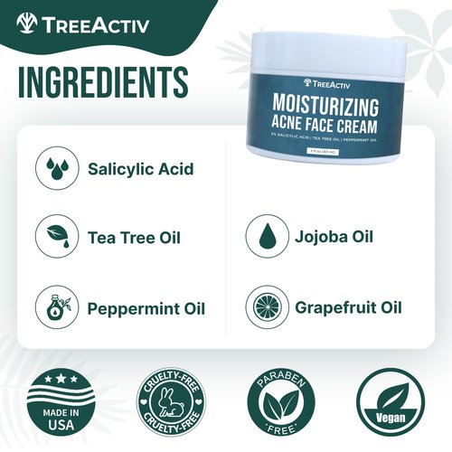 TreeActiv Acne Cream Original Formula, 2 fl oz, 2% Salicylic Acid Face Moisturizer for Oily & Acne-Prone Skin, Lightweight Hydrating Facial Cream