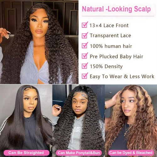 13x4 HD Lace Frontal Closure Deep Wave 16 Inch Ear To Ear Frontal Free Part Closure with Baby Hair Brazilian Virgin Curly Human Hair for Women Pre Plucked Frontals Closure Natural Black