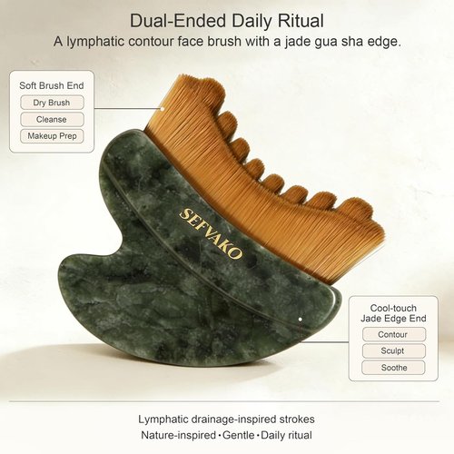 SEFVAKO Lymphatic Contour Face Brush, Dual-Ended Dry Brush + Cool-Touch Jade Gua Sha Edge, 0.075mm Ultra-Soft Bristles Gua Sha Facial Tools, for Lymphatic Drainage, Less Puffy Look, Sculpt & Relax