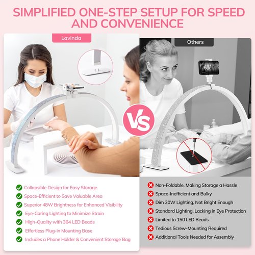 Lavinda 29'' Half Moon Light for Nail Desk, Dimmable 3000K-6000K LED Nail Table Lamp with Phone Holder & Wire Controller for DIY Manicure, Eyelash Extension, Skincare, Tattoo (Crystal Diamond)