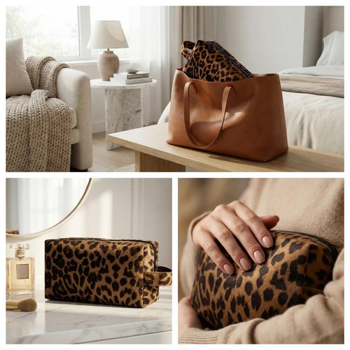 Makeup Bag For Women - Soft and Warm Material Cosmetic Bags Leopard Print Design Ladies Tote Bag,Women's Pencil Case Makeup Organizer with Zipper for women travel essentials (Brown)