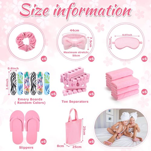 Thiccywoov 54Pcs Kids Foot Spa Party Supplies for Girl Spa Party Favors 6 Washbasin 6 Tote Bags 6 Hand Towels 6 Toe Separators 6 Hair Scrunchies 6 Hairband 6 Slipper 6 Eye Mask 6 Nail File (Pink)
