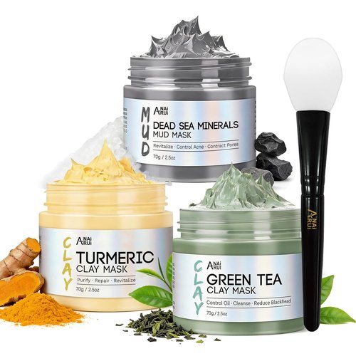 ANAI RUI Face Mask Set - Turmeric Clay, Green Tea & Dead Sea Mud Masks for Oily Skin | Spa Gift Set for Women & Teens, 2.5 oz Each