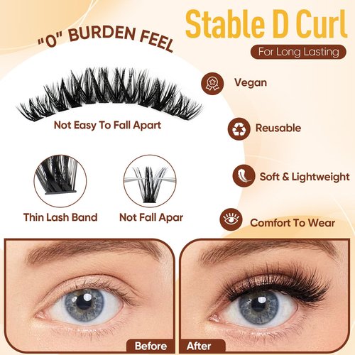 Lash Clusters WispyCluster Eyelash Extensions 320pcs Individual Natural Lashes 8-10-12-14-16mm Lash Extension D Curl DIY Thick False Eyelashes Fox Eye Soft Comfortable with Thin Band (Black-50D)
