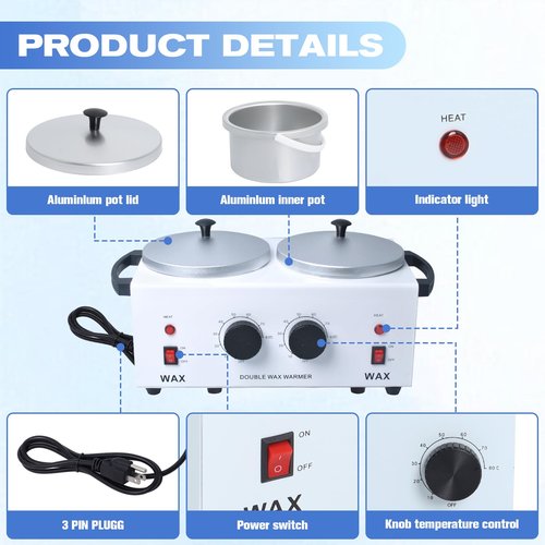 Double Wax Warmer Professional，Wax pot for Hair Removal with Adjustable Temperature Set, Portable Professional Wax Heater for spa and Salon,Body with 200pcs Wax Sticks