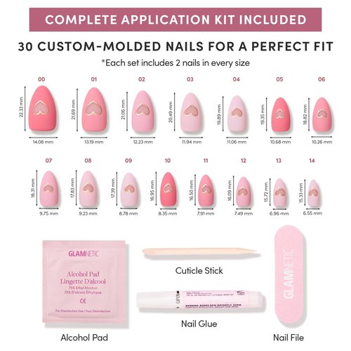 Glamnetic Press On Nails - Matte In Love | Short Almond Fake Nails with Metallic Gold Hearts | 30-Piece Kit in Mixed Pink Tones