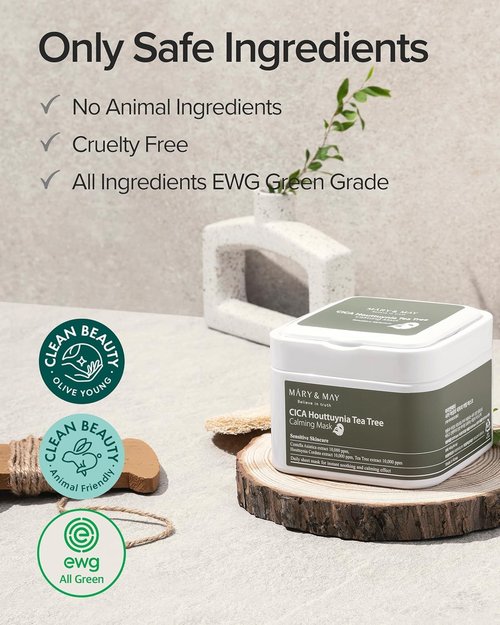Mary&May CICA Houttuynia Tea Tree Calming Mask - Soothing & Moisturizing Sheet Masks | 30 Hypoallergenic Sheets