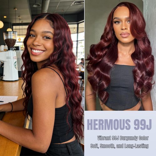 HERMOUS 13A Double Drawn 99J Dark Burgundy Human Hair Bundles Body Wave, Double Lifespan Than Regular Bundle Keep Silky & Soft After Washes Colored #99J Wine Single Bundles Raw Hair Quick Weave 12 IN