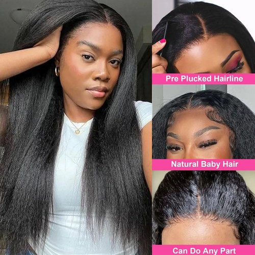 Emistar Afro Kinky Straight Lace Front Wigs Soft As Human Hair Pre Plucked With Baby Hair 180% Density Yaki Straight Transparent HD Lace Wig 200% Density Glueless Wigs for Black Women (13x6, 22 Inch)