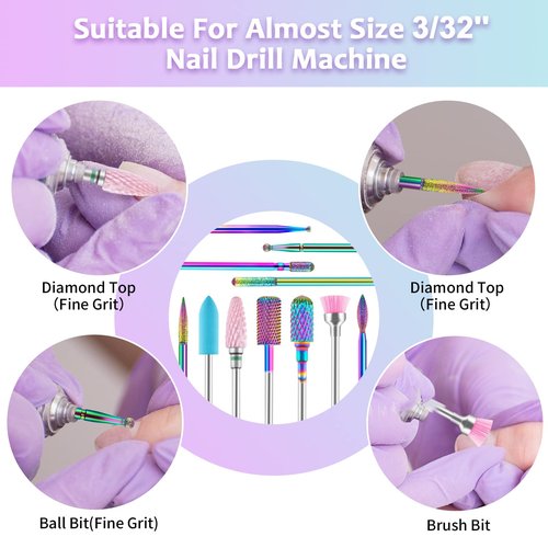 Nail Drill Bits, HEYMKGO 3/32 Inch Nail Bit Set for Acrylic Nails, 11Pcs Tungsten Carbide Diamond Cuticle Nail Gel Polish Remover Tool for Nail Drill Efile, Professional Drill Bits Nail Salon Home DIY