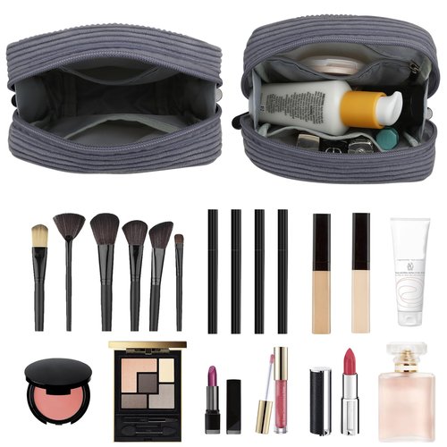 JINSI Small Makeup Bag Corduroy Travel Cosmetic Bag, Cute Stripe Make up Organizer Case with Wide-Open, Zipper Pouch Purse Storage Bag for Women Girls (Small Black-2pcs)