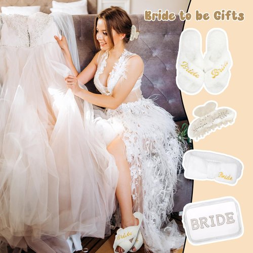 Hazms Bride To Be Gifts Set-4Pcs Bridal Shower Gifts Ideal Bride Gifts for Bachelorette, Wedding, Engagement and Honeymoon Bridal Hair Clip,Makeup Bag, Slippers, Hair Bands Bridal Gifts Set