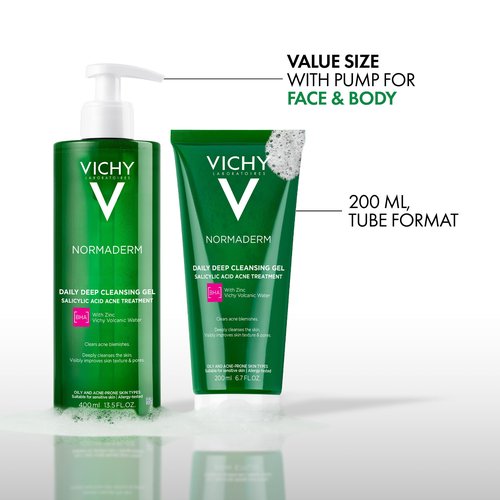 VICHY Normaderm Daily Acne Face Wash, 0.5% Salicylic Acid Cleanser, Gel Cleanser For Oily Skin, Removes Excess Oil, Dirt & Clogged Pores, Oil Free Acne Wash, Soap & Sulfate Free, Non-Drying