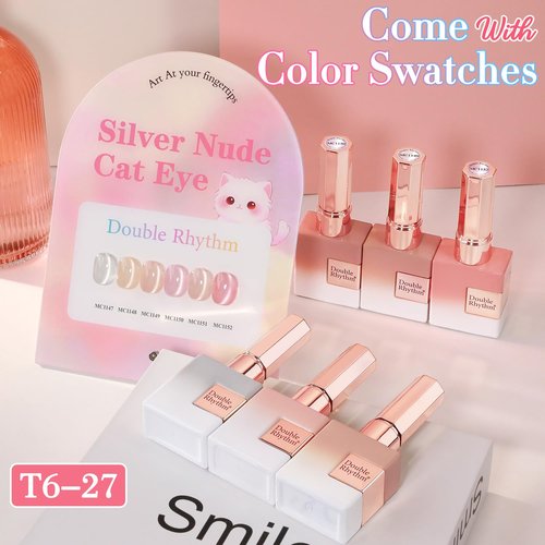 Double Rhythm Cat Eye Gel Nail Polish Set - 6 Shimmer Glitter Colors | 0.5 Oz Holographic Magnetic Kit
