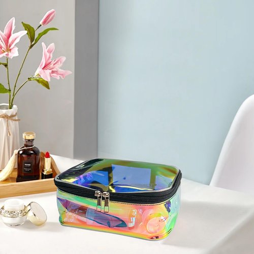 Holographic Clear Cosmetic Bags 2 pcs Transparent Iridescent Makeup Pouch Waterproof Organizer Case-Holographic Blue