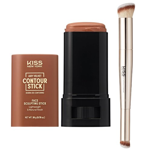 Kiss New York Airy Velvet Contour Stick (Rich 0.70 Oz) With Dual Ended Contour Brush Set, Cool Toned Face Sculpting Cream Makeup, Buildable Lightweight Natural Finish Formula with Hyaluronic Acid