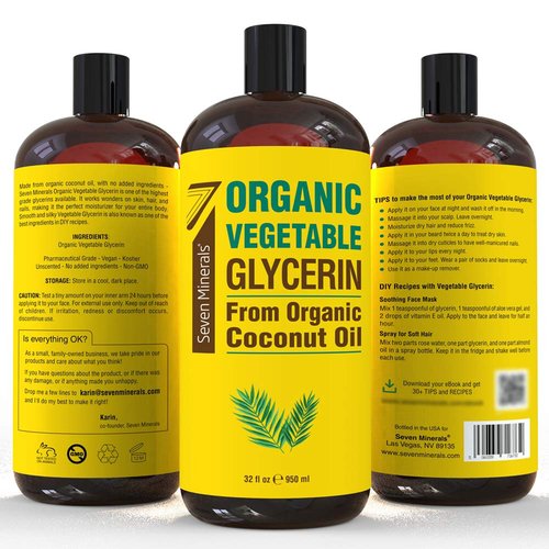 Seven Minerals, Organic Vegetable Glycerin - Big 32 fl oz Bottle - No Palm Oil, Made with Organic Coconut Oil - Therapeutical Grade Glycerine for DIYs - Hair, Nails & Skin Moisturizer - Non-Gmo