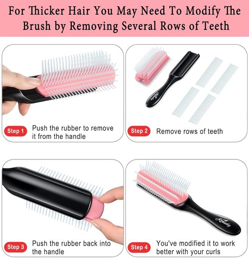 KTKUDY 9 Row Defining Brush - Detangling Blow-Drying Tool for Thick, Wavy & Coily Hair | Black & Pink