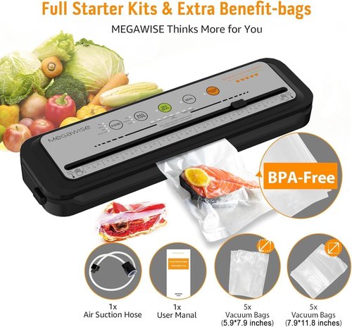 MEGAWISE Vacuum Sealer Machine - 2025 Model with 80kPa Suction Power & Built-in Cutter | Compact Design (Grey)