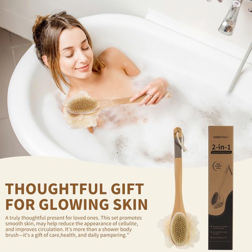 DEBETOOL Shower Loofah with Handle - Wooden Long Handle Shower Body Brush with Loofah for Exfoliating, Natural Loofah Back Scrubber for Women and Men