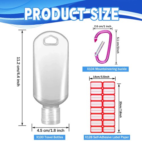 HATTIE 100 Pack Travel Plastic Clear Keychain Bottles 50ml/2oz Portable Leakproof Squeeze Small Bottles With Flip Cap Refillable Empty Containers for Lotion Soap Toiletry