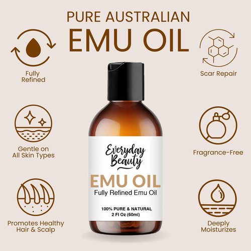 Pure Australian Emu Oil - All Natural 6X Refined for Face, Skin and Hair - Highly Effective Hydration for Sensitive Skin and Hair Growth - Perfect for Scars and Blemishes - 2 Fl Oz